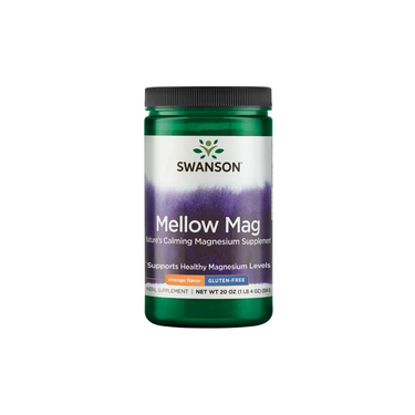 Swanson Mellow Mag - Orange Flavor 554 g is a green plastic container of gluten-free magnesium supplement, formulated to support healthy magnesium levels and bone health.